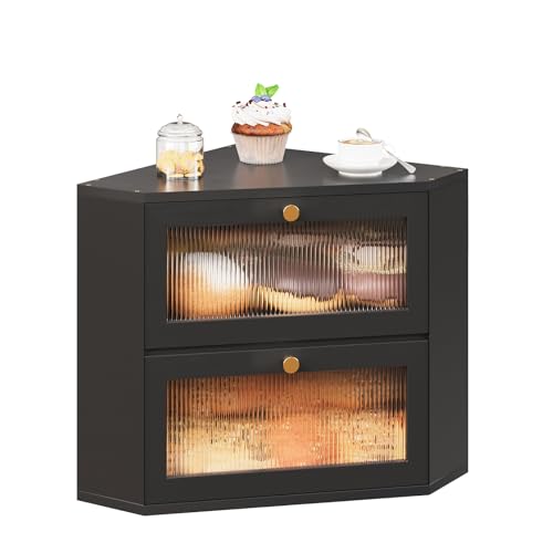 Trironsun Corner Bamboo Bread Box for Kitchen Counter Double Layer Bread Storage Container Large Capacity Bread Storage Bin with Wavy Arcylic Transparent Door (Black) - color: Black