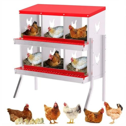Chicken Nesting Box,6 Holes Galvanized Steel Metal Chicken Laying Box with Automatic Roll-Away Egg Collection System & Removable Tray,Wall Mount Nesting Boxes - color: Red, size: 6 Holes with Legs