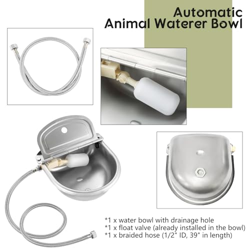 NATGAI Automatic Waterer Bowl with Float Valve and Braided Hose | Stainless Steel Stock Waterer Horse Cattle Goat Sheep Dog Bowl for Livestock Dog Goat Pig(with Drainage Hole)