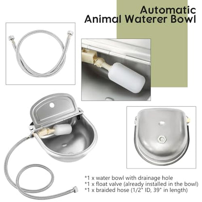 NATGAI Automatic Waterer Bowl with Float Valve and Braided Hose | Stainless Steel Stock Waterer Horse Cattle Goat Sheep Dog Bowl for Livestock Dog Goat Pig(with Drainage Hole)