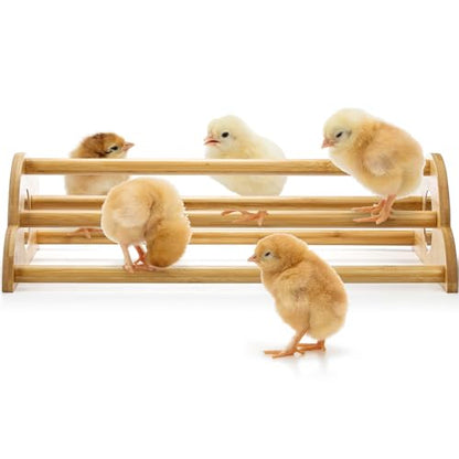 Frcctre 2 Pack Bamboo Chicken Perch, Freestanding Roosting Bar Set Baby Chick Stand Training Perch Chicken Jungle Gym with Built-in Mirrors for Brooder, Coop, Hens
