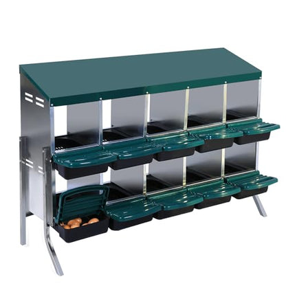 Chicken Nesting Box, 2-Tier Chicken Laying Boxes for Hens, 10 Compartments Chicken Laying Box, 10 Room Metal Nesting Boxes for Chicken, Roll Away Nest Box with Lid Cover to Protect Eggs, 10 Hole Green