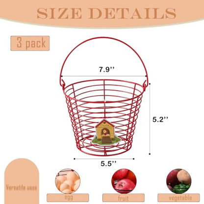 3 Pack 8 Inches Metal Mesh Wire Egg Collecting Basket with Handle Portable Garden Vegetable Fruit Storage Lightweight Hanging for Kitchen Farmhouse Gathering Picnic (Red - Light Weight) - color: Red