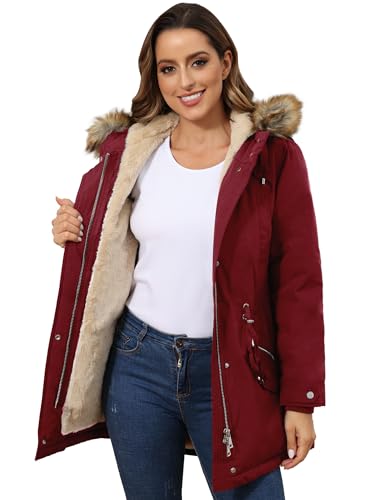 ROYAL MATRIX Women's Winter Coats Fleece Lined Parka Jacket Hooded Long Winter Warm Parka Coat with Pockets - color: Wine, size: 8