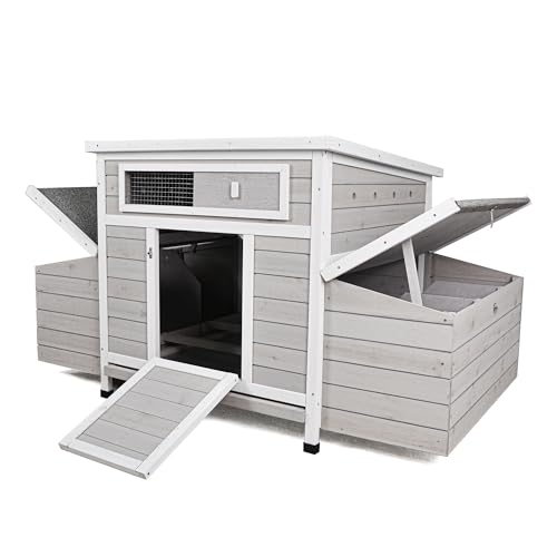 58" Chicken Coop,Outdoor Large Chicken Coop with 6 Nesting Boxes,Weatherproof Poultry Cage,Removable Tray for Farm, Backyard - color: GREY＆WHITE