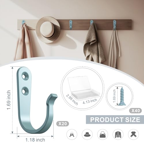 BREYDROK 20PCS Heavy Duty Metal Wall Hooks, Coat Hooks for Hanging - Single Prong with 40 Screws (Coats Towels Backpacks) - Light Blue - color: 20pcs + Light Blue