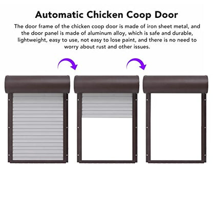 Automatic Solar Powered Chicken Coop Door with Light Sensing and Timer, Metal Iron Auto Chicken House Protection Door for Duck Goose, Remote Control, with LED Clear Dosplay (Brown)