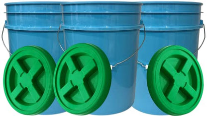 House Naturals 5 Gallon Food Grade Plastic Bucket with Screw on Air Tight Lid, Made in USA pails (Pack of 3) (Light Blue- Green Lids)