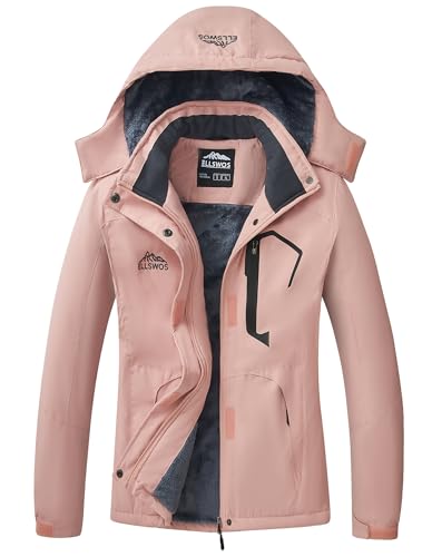 ELLSWOS Womens Winter Coats Waterproof Ski Jacket Warm Snow Jackets Windproof Windbreaker Hooded Raincoat - color: Pink, size: Small
