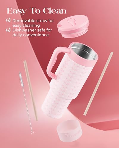 40 oz Insulated Tumbler with Handle and Push-Button Straw Lid, Stainless Steel Travel Cup for Gym Office, Leakproof, BPA-Free, Cup Holder Friendly, Bow Silicone Boot, Pink (Coquette Blush) - color: Coquette Blush