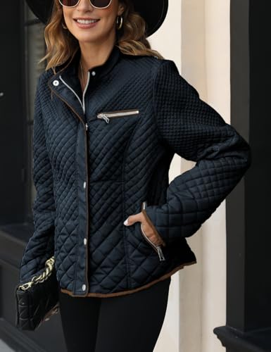 Bellivera Women's Stand Collar Lightweight Quilted Puffer Jacket | Casual Padded Zip Long Sleeve Coat for Spring and Winter with Pockets - color: Blackish Blue, size: X-Large