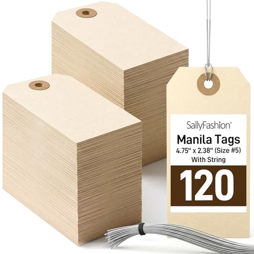 SallyFashion 120 Pack Kraft Paper Tags with Wire, 4-3/4" x 2-3/8" (Size #5), Rustic Brown Cardstock Hang Labels for Handmade Crafts, Boutiques, Weddings & Gifts - color: Brown