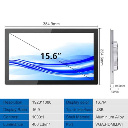 GreenTouch 15.6 Inch High Resolution Embedded Touch Screen Industrial Monitor, Front IP65 Panel Rugged Metal Case Display - 1920x1080 - size: 15.6 IN