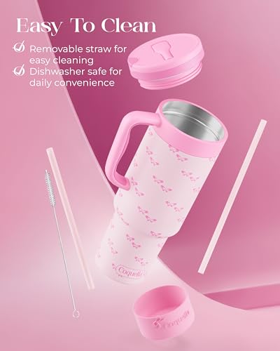 40 oz Insulated Tumbler with Handle and Push-Button Straw Lid, Stainless Steel Travel Cup for Gym Office Leakproof, BPA-Free, Cup Holder Friendly, Bow Silicone Boot, Pink (Coquette Bubblegum) - color: Coquette Bubblegum