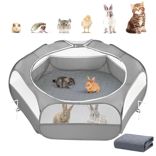 2-in-1 Small Animals Playpen with Pad, Waterproof Small Pet Cage Tent with Reusable Pad, Portable Outdoor Yard Fence with 3 Metal Rod for Chick/Kitten/Puppy/Guinea Pig/Rabbits/Chinchillas, Gray+Gray - color: U-Gray+Gray