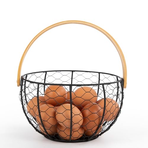 Farmhouse Wire Egg Basket for Gathering Fresh Eggs with Wooden Handle, Vintage Style Metal Egg Collecting Basket Countertop Storage Container Holder for Kitchen Decor and Fruit Bin (Black) - color: Black