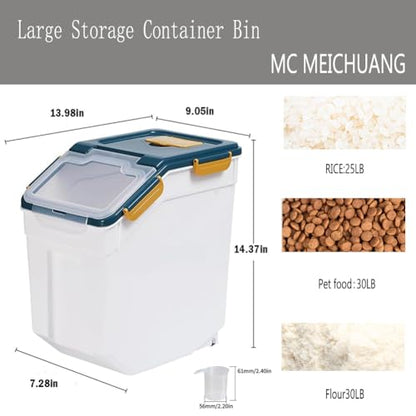 Large Flour Storage Container Bin 25lb, 2Pack Airtight Rice Storage Containers with Measuring Cup&Scoop, BPA Free with Wheels Seal Locking Lid for Flour, Rice, Grain (50LBS Total, Blue) - color: 25bl,2pcs,blue