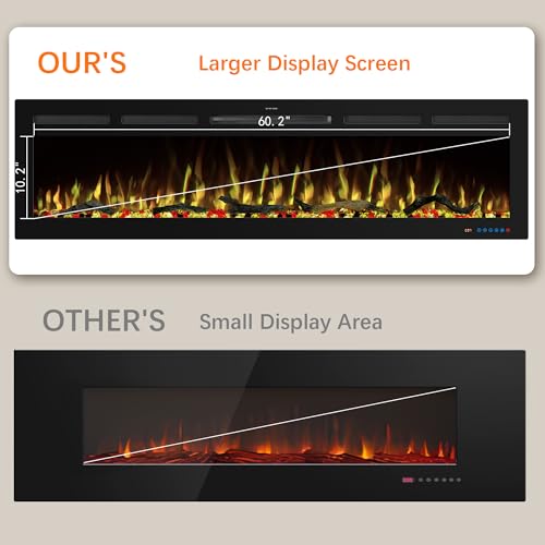 65" WiFi Electric Fireplace Inserts, Recessed and Wall Mounted Fireplace Heater W/Adjustable Flame Color & Brightness, Thermostat, 9H Timer, App and Remote Control, Low Noise, 750/1500W - size: 65" WiFi
