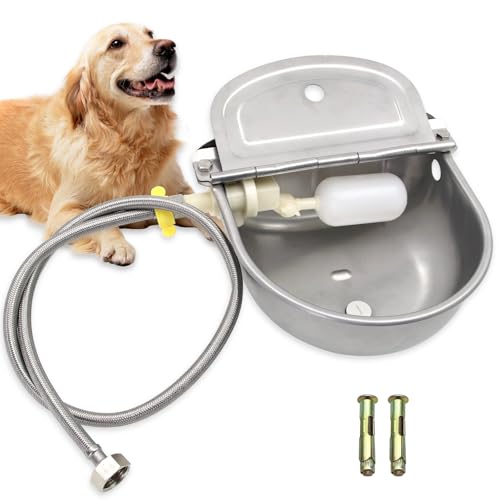 Stainless Steel Automatic Livestock Waterer Dog Waterer Bowl Upgraded Bottom Drain Hole with Water Hose (3/4'') and Float Valve and Two Expansion Screws, for Cattle Horse Goat Sheep Animals Pet