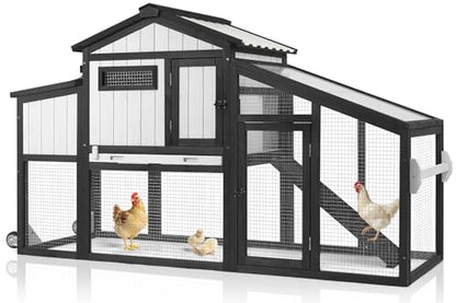 Ketive 65" L Chicken Coop with Wheels for 1–2 Chickens, Outdoor Wooden Hen House with Run, Leakproof Pull-Out Tray, UV-Resistant Panel Roof, 2 Nesting Box,Poultry Cage Chicken Hutch for Backyard Yard - size: 65.0"L x 26.0"W x 39.0"H