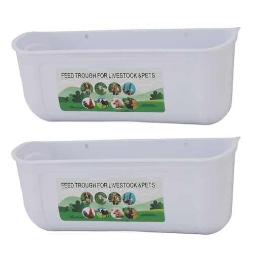 Qinlorgo 2 Pack Chicken Feeder, 5.5 Quart Hanging Fence Feed Trough, Clips with Livestock Waterer, Ideal for Goats, Ducks, Sheep, Piglets, Deer & Poultry (White) - color: White