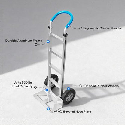 Heavy Duty Aluminum Hand Truck – 550 lbs Capacity, Ergonomic Curved Handle, 10" Solid Rubber Wheels, Beveled Nose Plate for Easy Loading & Transport