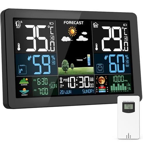 Weather Station Wireless Indoor Outdoor, Thermometer Wireless with Remote Sensor, Home Weather Station, Color Display Digital Weather Forecast, Humidity, Atomic Clock, Air Pressure for Home - color: Bright Black