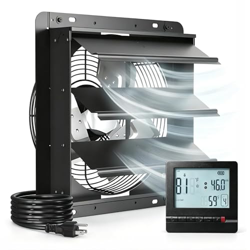 Amico 12" Shutter Exhaust Fan with Thermostat and Humidity Control,1238 CFM Attic Fan with 8-Speed Auto Adjust,25W Brushless DC Motor Vent Fan for Greenhouse,Garage,Chicken Coop,Gable Wall Ventilation - size: 12 Inch