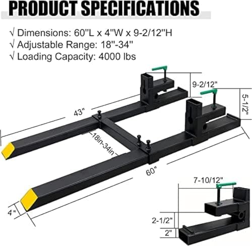 Clamp On Debris Forks To 48-60" Bucket, Heavy Duty Pallet Fork Fit For Loader Bucket Skidsteer Tractor,60''with Stabilizer Bar 4000LBS - size: 60''with Stabilizer Bar 4000LBS