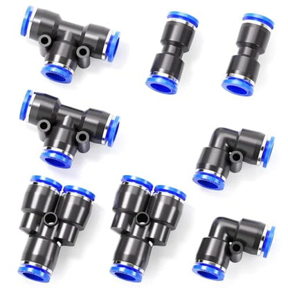 TAILONZ PNEUMATIC 6mm od Push to Connect Fittings Pneumatic Fittings Kit 2 Spliters+2 Elbows+2 tee+2 Straight (8 pcs) | Includes splitters, elbows, tees and straights, push-to-connect, durable plastic, for pneumatic systems. - color: Blue, size: 6MM OD/8P