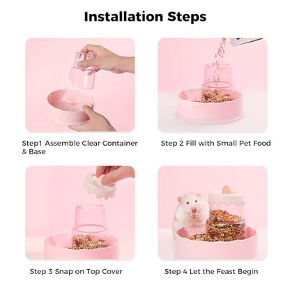 Mini&moe Hamster Food Bowl - Automatic Guinea Pig Feeder No Spill Storage Small Pet Food Dispenser for Gerbil, Rat, Chinchilla, Ferret, Hedgehog - color: pink