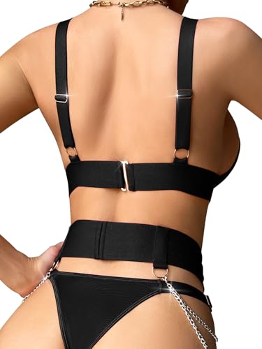 Lilosy Sexy Chain Strappy Garter Belt Women Lingerie Set Rave Outfits - color: Black, size: X-Large
