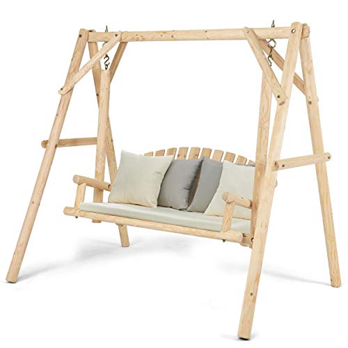 Tangkula A-Frame Wood Log Swing Bench, Outdoor Rustic Curved Back Swing Chair for Patio Garden Yard