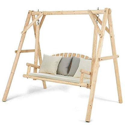 Tangkula A-Frame Wood Log Swing Bench, Outdoor Rustic Curved Back Swing Chair for Patio Garden Yard