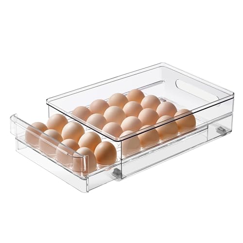 vacane 24 Capacity Egg Holder for Refrigerator Organizer Bins, BPA Free Egg Storage Container with Non-Slip Pads, Space-Saving Egg Tray for Fridge Drawer - color: 1 Pack-Clear