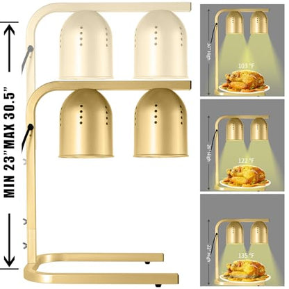 Heat Lamp for Food, with Two 250W Bulbs for Fast and Even Heating, Food Heat Lamp with Adjustable Height Stand, Commercial Food Warmer Lamp for Home, Fast Food Restaurant, Buffet, Bakery, Gold - color: Gold