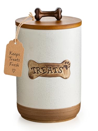 Miamolo Airtight Dog Treat Container, Dog Food Storage Container, Ceramic Dog Treat Jar with Wood Lid and Handle, Pet Treats Canister for Countertop, Farmhouse Gift for Dog Lovers, Bone Glinting White - color: Bone Glinting White