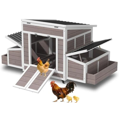 65.75" Chicken Coop, Outdoor Wooden Chicken House, Large Chicken Coop Hen House with 4 Nesting Boxes, Poultry Pet Cage for Lawn Backyard for 4-6 Chickens(Grayish Brown)