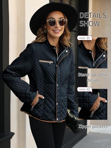 Bellivera Women's Stand Collar Lightweight Quilted Puffer Jacket | Casual Padded Zip Long Sleeve Coat for Spring and Winter with Pockets - color: Blackish Blue, size: Large