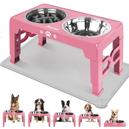 Jovrun Elevated Dog Bowls for Medium Large Dogs with Mat, Non-Slip Dog Feeder with 1*Stainless Steel Dishes & 1*Slow Feeder Bowl, 5 Heights Adjustable Raised Bowls for 3.15″-8.66″-9.84″-11.02″-12.2″ - color: Pink, size: for Medium Large Dogs 1 Basic&1Slow