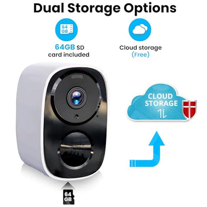 2026 Upgraded 2K Wireless Security Camera with 64G SD Card, Free Cloud Storage, 1-6 Month Battery Life, AI Motion Detection, Spotlight, Siren Alarm, 2-Way Audio, Waterproof WiFi Surveillance Camera - color: White - Camera with 64G SD Card