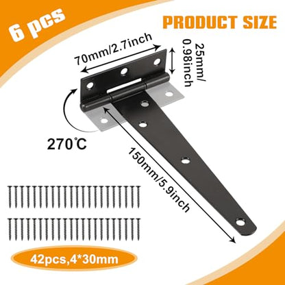 Tandefio 6 Pack 6 Inch T Strap Gate Hinges Heavy Duty Gate Hardware Kit for Wooden Fence Rustproof Door Hinges, 4 Pcs Door Pull Handle with Screws for Barn Shed Outdoor Garage Cabinet Drawer, Black