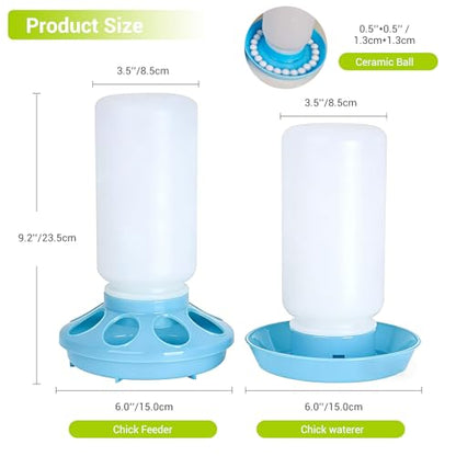 Chick Feeder and Waterer Set, 0.26Gal Quail Waterer with Balls Anti-Drown Chicken Water Feeder no Mess Chicken Supplies in Brooder Poultry Waterer for Ducklings Ducks Button Quails Bird (Blue)