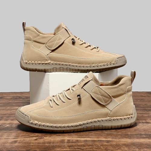 Womens Hand Stitching Leather Slip-On Ankle Boots with Adjustable Elastic Band Casual Lightweight Non-Slip Walking Loafers Retro High Top Flat Boat Shoes - color: Beige, size: 7 Wide
