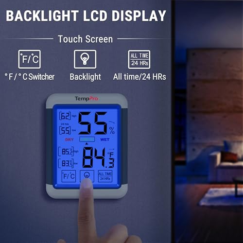 TempPro TP55 Digital Indoor Hygrometer Thermometer, 4-Inch Temperature/Humidity Monitor with Touchscreen and Backlit, Room Thermometer/Humidity Meter for House Home Greenhouse (Previously ThermoPro) - size: Indoor