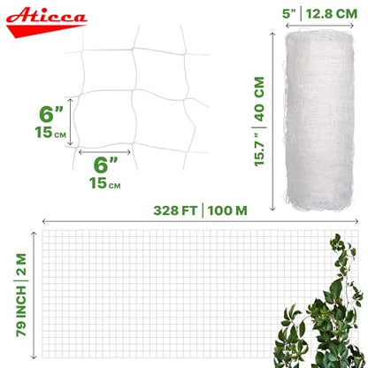 ATICCA Plastic Trellis Netting 79" x 328 ft Heavy Duty Plant Support Netting White - 6 Inch Garden Trellis on Roll - Mesh for Growing Vine Climbing Plants, Flowers, Peas, and Cucumber - size: 79''x328ft Plastic Trellis Netting