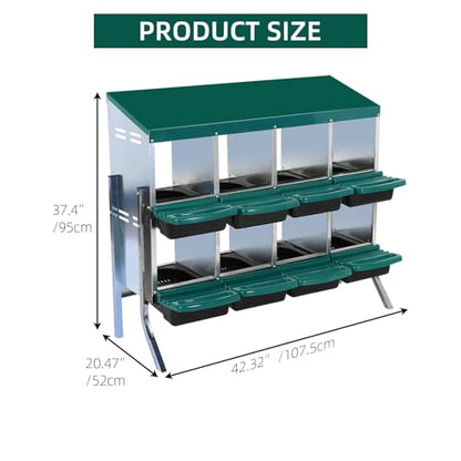Chicken Nesting Box 8-Compartment – Roll Away Laying Boxes for Hens with Lid Cover & Egg Protection – Heavy Duty Red Poultry Nest Box - color: Green, size: 47.2"L x 17.7"W x 35.4"H