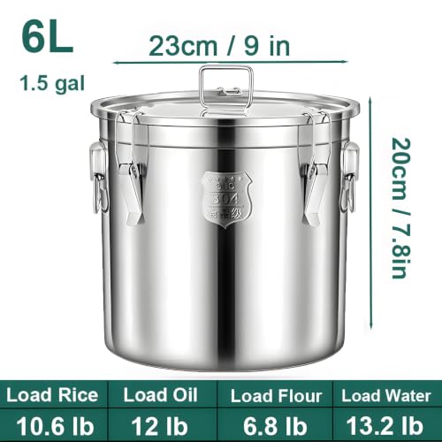 304 Stainless Steel Flour Canister, 6L / 1.5 Gal Dog Food Storage Container, Airtight Metal Canisters with Lids for Liquid, Rice, Oil, Soup, Milk Storager Bucket - size: Standard 6L/1.6gal