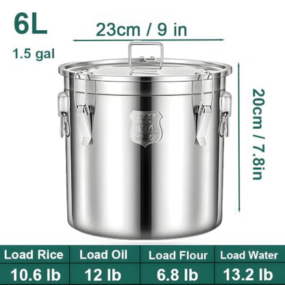 304 Stainless Steel Flour Canister, 6L / 1.5 Gal Dog Food Storage Container, Airtight Metal Canisters with Lids for Liquid, Rice, Oil, Soup, Milk Storager Bucket - size: Standard 6L/1.6gal