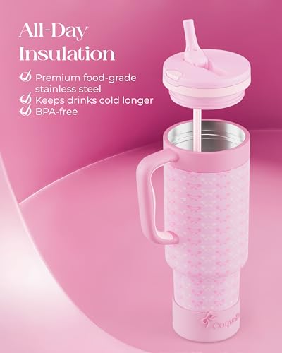 40 oz Insulated Tumbler with Handle and Push-Button Straw Lid, Stainless Steel Travel Cup for Gym Office, Leakproof, BPA-Free, Cup Holder Friendly, Bow Silicone Boot, Pink (Coquette Candy) - color: Coquette Candy